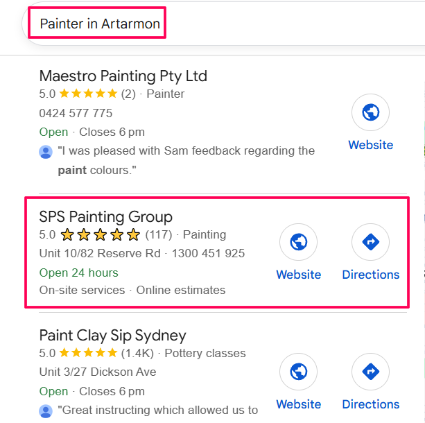 SPS Painting Group ranking in the Google Map Pack for painter in Artarmon